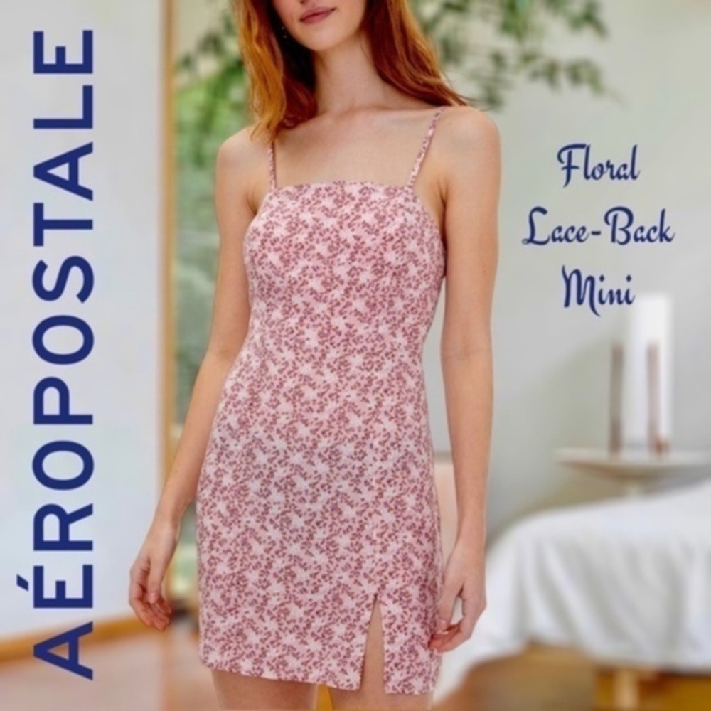 AEROPOSTALE Floral Square-Neck Lace-Up-Back Mini Dress
